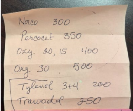 Note seized from Qayum’s clinic showing cash prices for control substance prescriptions