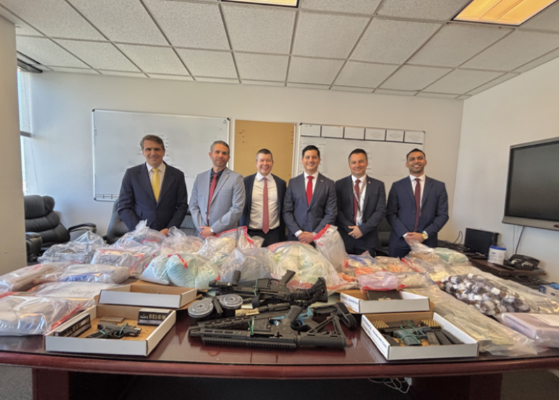 Group Photo (L to R):  Deputy Attorney General Todd Blanche, DEA Associate Chief of Operations Region 5 Pacific & Southwest Brian Clark, FBI Special Agent in Charge Robert Molvar, First Assistant U.S. Attorney for the Central District of California Bill Essayli, FBI Assistant Special Agent in Charge Jeremy Stebbins, Assistant Deputy Attorney General Aakash Singh.